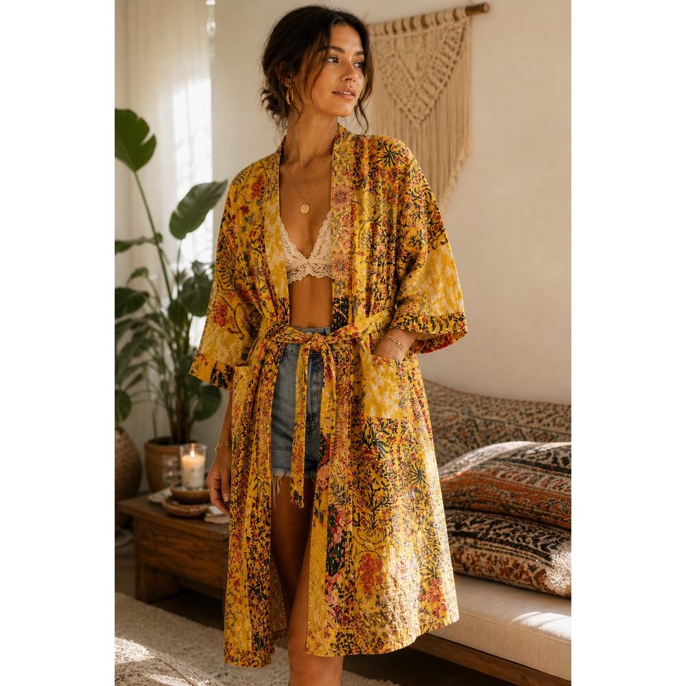NEW Boho Patchwork Kantha 100% Cotton Robe Yellow Floral Quilted Kimono Belted - Picture 2 of 8